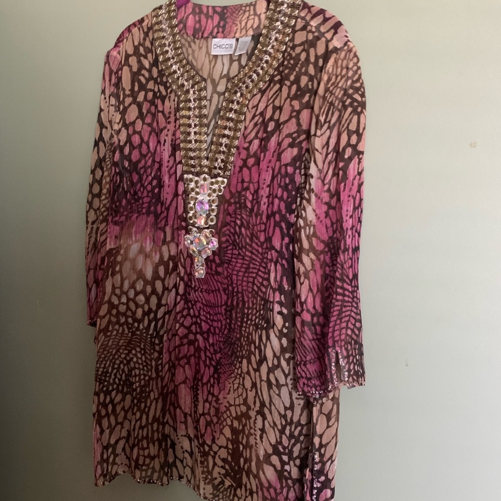 Chico's Tops | Beaded Sheer Floral Blouse, Black/Red,